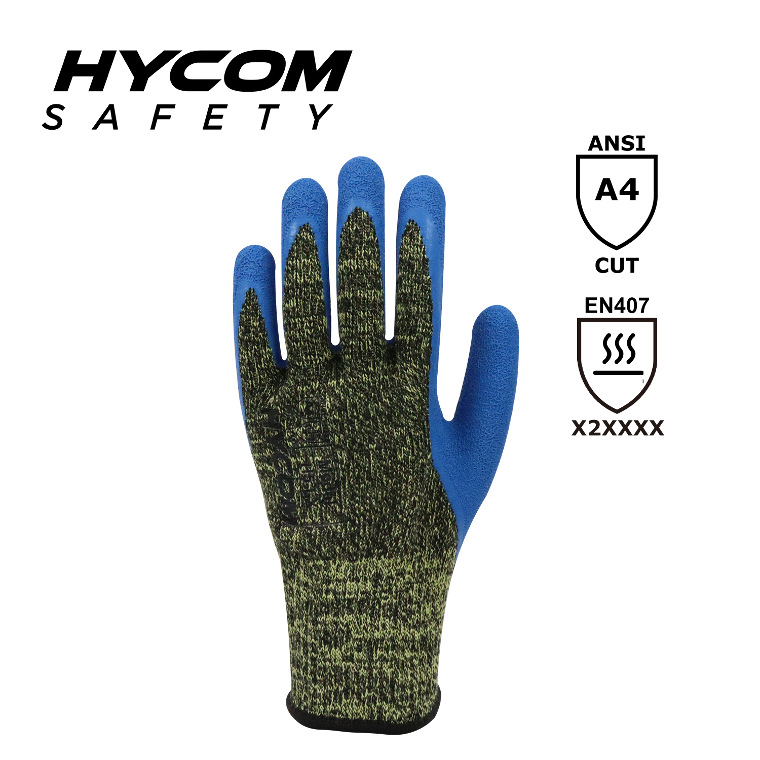 HYCOM Contacto de aramida 10G alta temperatura 250°C/480F resistente al corte con guante de látex arrugado